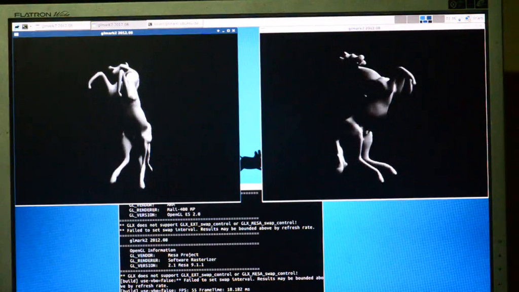 glmark2 (OpenGL, at left), versus glmark2-es2 (OpenGL ES) at right